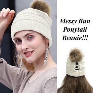 White Knit Criss Cross Ponytail Pom Pom Beanie